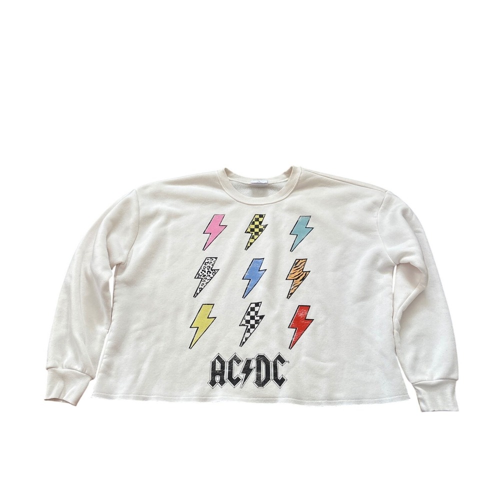 AC/DC Graphic Sweatshirt Women Cream Lightning Bolt Cropped Raw Hem SIZE L